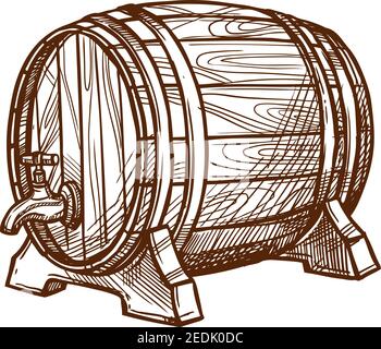 Barrel vector icon or wooden oak cask or keg tun for lager and draught beer, cognac or wine alcohol beverage. Isolated emblem for beer bar and brewpub Stock Vector