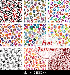 Font letters and numbers vector seamless patterns set. ABC alphabet of fairy cartoon and gothic writing symbols of sport balls, origami, birthday nume Stock Vector