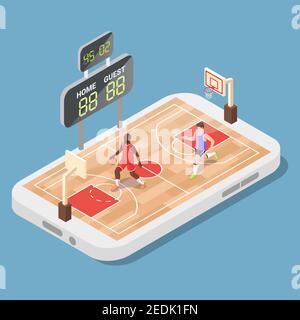 Isometric basketball court with players on smartphone screen, flat vector illustration. Online basketball game. Stock Vector