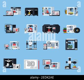 3D printing flat icons set of equipment for engineering modeling designing and printers of different modification flat vector illustration Stock Vector
