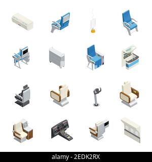 Isolated airplane interior isometric icon set with elements seats and equipment on the board vector illustration Stock Vector