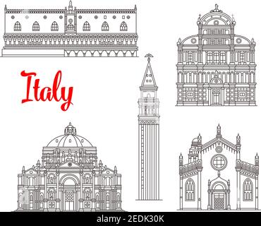 Italian historic buildings and Venice sightseeing. Vector thin line Palazzo Ducale or Doge Palace, San Zaccaria and Madonna dell Orto church, St Mark Stock Vector
