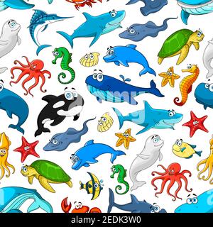 Cartoon fishes and sea or ocean animals vector seamless pattern of smiling dolphin, whale and shark, seal, starfish or shell mollusk and seahorse, sti Stock Vector