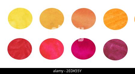 Set of round aquarell spot on white. Red, orange and yellow circles on watercolor paper, ink drop. Stock Photo