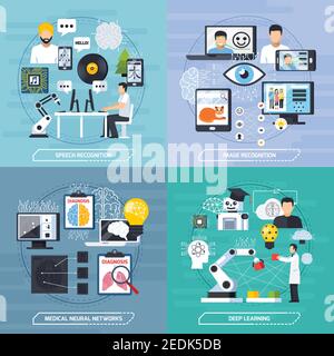 Neural meshes 2x2 design concept set of speech and image recognition deep learning and medical neural networks compositions flat vector illustration Stock Vector