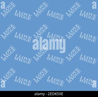 I Love Hygge seamless vector pattern on a blue background Stock Vector