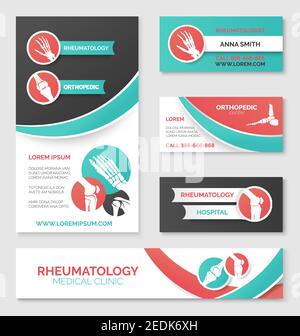 Orthopedic medical clinic banner, rheumatology hospital flyer, orthopedic surgeon and rheumatologist business card layout template design with healthy Stock Vector