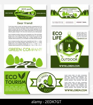 Ecology travel and green tourism vector posters and banners templates set for environment protection company, nature saving concept of forest trees, w Stock Vector