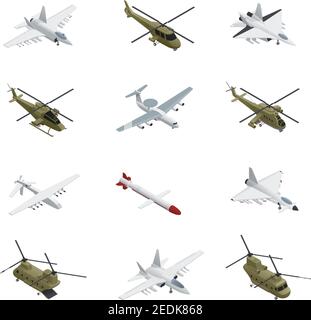 Military air force isometric icon set airplanes and helicopters with different types colors sizes and purposes Stock Vector