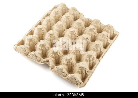 empty formed cardboard egg tray - closeup with edge-to-edge sharpness, isolated on white background in diagonal orientation Stock Photo