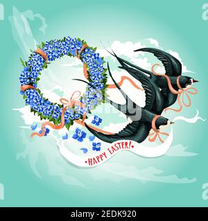 Easter spring birds with Happy Easter banner in beak. Soaring swallow birds with floral wreath of blue flowers and green leaves, tied by ribbon with b Stock Vector