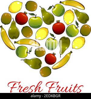 Fruit poster in heart shape of farm and garden ripe fruits apple and pear, juicy citrus lemon and pomegranate, exotic kiwi and tropical sweet banana. Stock Vector