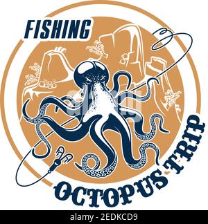 Octopus fishing trip vector icon with hooks tackle and fishnet snare or scoop-net grid and ocean underwater animal. Emblem for fishery or seafood comp Stock Vector