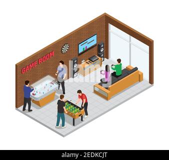 Home game club interior isometric composition cozy room for relaxation with board and video games vector illustration Stock Vector