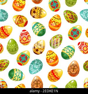 Easter egg seamless pattern background. Decorated Easter eggs with floral and geometric ornaments, cross, heart, flower and star pattern. Easter holid Stock Vector