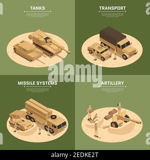 Four square military vehicles isometric icon set with tanks transport missile systems and artillery headlines vector illustration Stock Vector