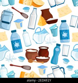 Milk and dairy seamless pattern of vector milky drinks products, bottle and butter, yogurt or kefir in pitcher, cottage cheese and cream in bowl, sour Stock Vector