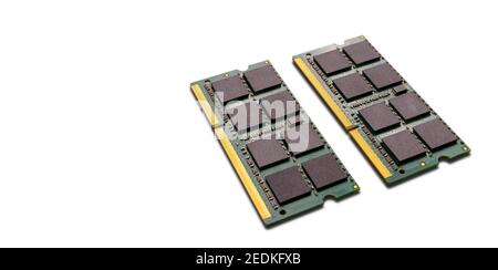 Close up computer, laptop memory, RAM on white background. DDR RAM Random Access Memory isolated on white background. With copy space banner. Save wit Stock Photo