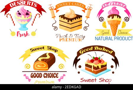 Pastry dessert icons set. Vector sweet ice cream, fruit cake and cupcake with fruits, glazed vanilla tart with whipped cream, chocolate roll pie. Vect Stock Vector