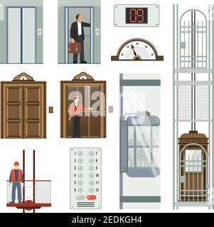 Colored isolated elevator icon set different types of elevators inside the building vector illustration Stock Vector