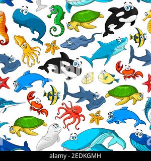 Cartoon seamless vector pattern of sea animals of starfish or shell mollusk and seahorse, stingray and turtle, crab and octopus, squid and jellyfish, Stock Vector