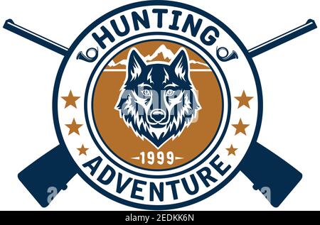 Hunting adventure icon or hunter club round emblem of vector wild wolf jackal or coyote muzzle and riffle or guns for wildlife hunt, stars and hunting Stock Vector