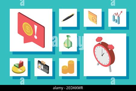tax day money statistics diagram clock icon set vector illustration isometric Stock Vector