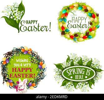 Easter spring holiday cartoon badge set. Easter eggs, willow tree branches and green grass wreaths, white rabbit bunny with ribbon and lily of the val Stock Vector