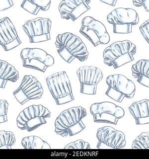 Chef toques seamless background. Wallpaper with vector pattern icons of restaurant cook caps. Pencil sketch decoration for restaurant, bakery, kitchen Stock Vector