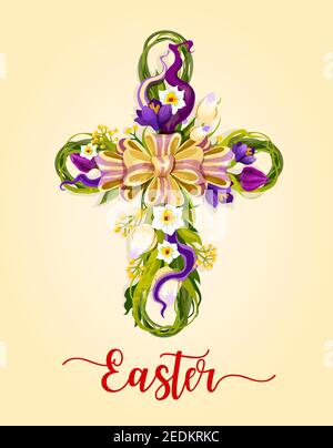 Easter cross with spring flowers greeting card. Flowers of tulip, narcissus and crocus with green leaves arranged into shape of crucifix with ribbon b Stock Vector
