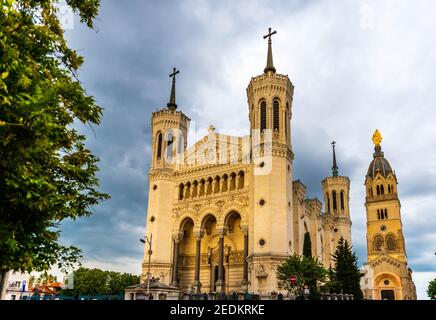 The Basilica Notre Dame de Fourviere in Lyon in the Rhone, France Stock Photo