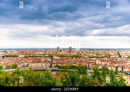 Panorama of Lyon from the hill of Fourviere, in the Rhone, in Auvergne-Rhone-Alpes, France