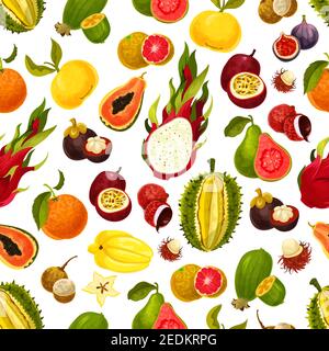Exotic fruits seamless pattern of vector tropical mango and grapefruit or orange, carambola and dragon fruit, guava and longan, figs or rambutan, pass Stock Vector