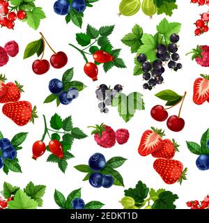 Berries vector seamless pattern of blackberry, blueberry, black or red currant, cherry, raspberry and strawberry, gooseberry and briar. Fresh garden o Stock Vector