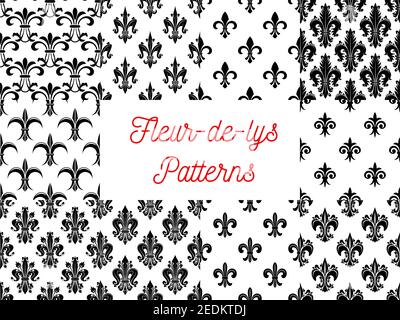 Victorian fleur-de-lis black and white seamless patterns set with stylized floral ornaments of lily flowers, buds and curly leaves Stock Vector