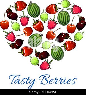 Berries and fruits poster in heart shape. Vector fresh garden strawberry, cherry, forest raspberry, black currant or redcurrant, juicy gooseberry and Stock Vector
