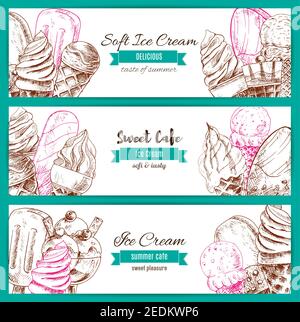 Ice cream sketch banners. Vector frozen fresh and sweet fruity desserts assortment set of soft ice cream in wafer cone, glazed eskimo. whipped cream a Stock Vector
