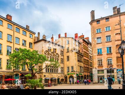 A small square with its renaissance facades, in the district of Vieux Lyon in the Rhône, France Stock Photo