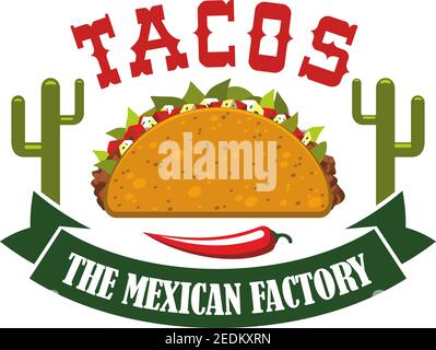 Tacos restaurant icon with spicy red chili pepper jalapeno and agave or cactus peyote. Mexican fast food tortilla snack vector isolated emblem, symbol Stock Vector