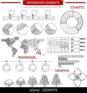 Infographic or infochart elements set of vector graphs and business chart pie, world map diagram, social and demographic statistics, growth dynamics b Stock Vector