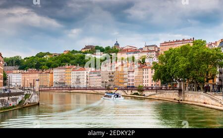 The banks of the Saone at dusk in Lyon in the Rhone, France Stock Photo