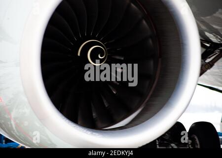 Airplane turbine. Motions blur. Engine blades propeller. Aaircraft jet engine. Close up. Aviation Technologies. Aircraft jet black detail during Stock Photo