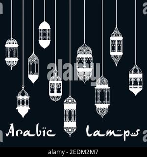 Arabic lantern openwork white silhouettes for islamic holiday Ramadan Kareem greeting card template or religion themes design Stock Vector