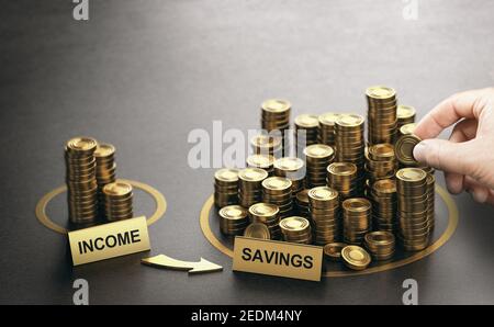 Man saving his money for retirement or project achievement. Composite image between a hand photography and a 3D background. Stock Photo