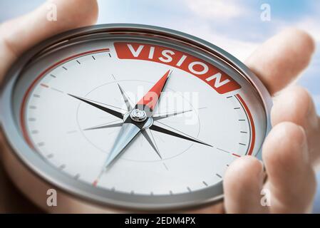 Hand holding a compass with needle pointing the word vision. Company or organization Statement values. Composite image between a hand photography and Stock Photo