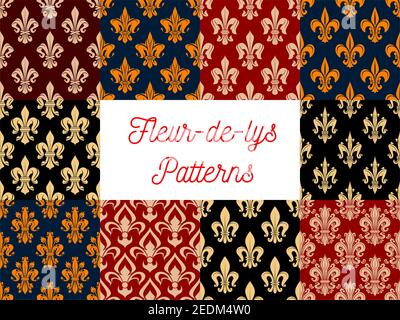Flowery royal fleur-de-lis patterns set of vector seamless floral ornament and french lily heraldic flower tracery. Luxury ornamental baroque motif ba Stock Vector
