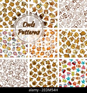 Owl seamless pattern background set. Wild forest bird of prey with brown, grey and yellow feathers. Wildlife, scrapbook page backdrop design Stock Vector