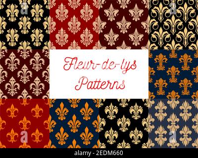 Fleur-de-lys royal seamless patterns. Stylized vector decoration pattern of french lily. Fleur-de-lis royal heraldic flower decorative elements Stock Vector