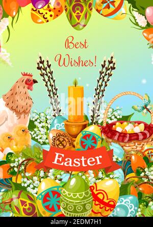 Easter greeting card with patterned and coloured Easter eggs with candle, chicken, chick, egg hunt basket, flowers of lily and tulip, willow tree twig Stock Vector