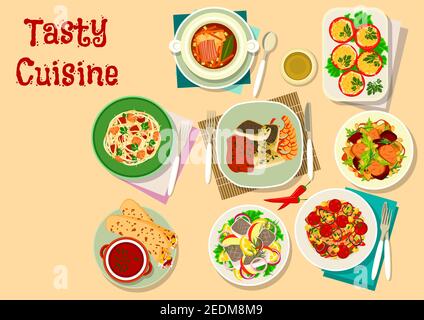 Lunch menu icon with french cabbage stew with meat, sausage, mexican burrito, russian pickle soup, baked shrimp and fish, duck fig salad, tomato with Stock Vector